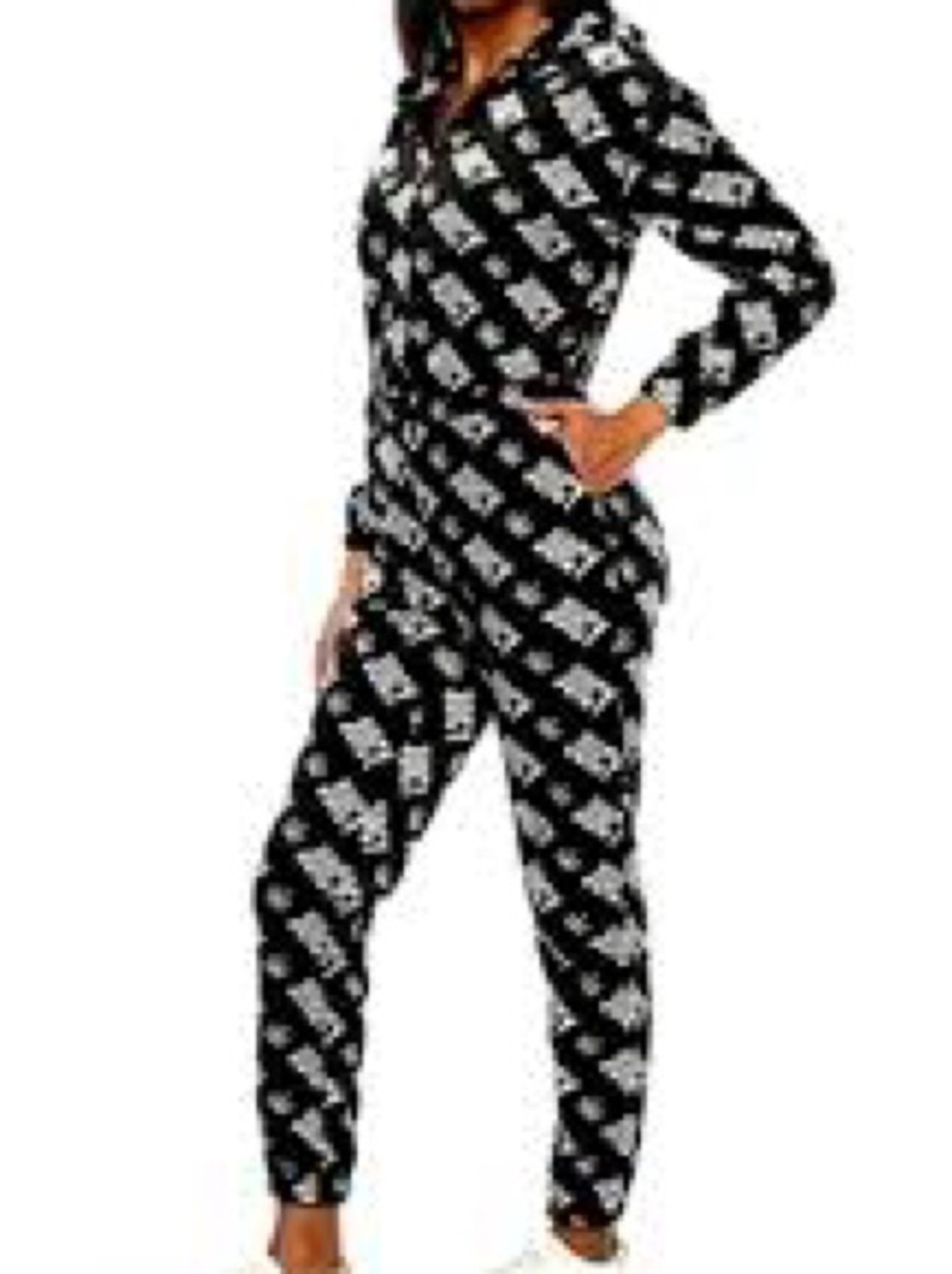 Juicy Couture B&W Logo Print Hooded Velour Jumpsuit Streetwear Size M